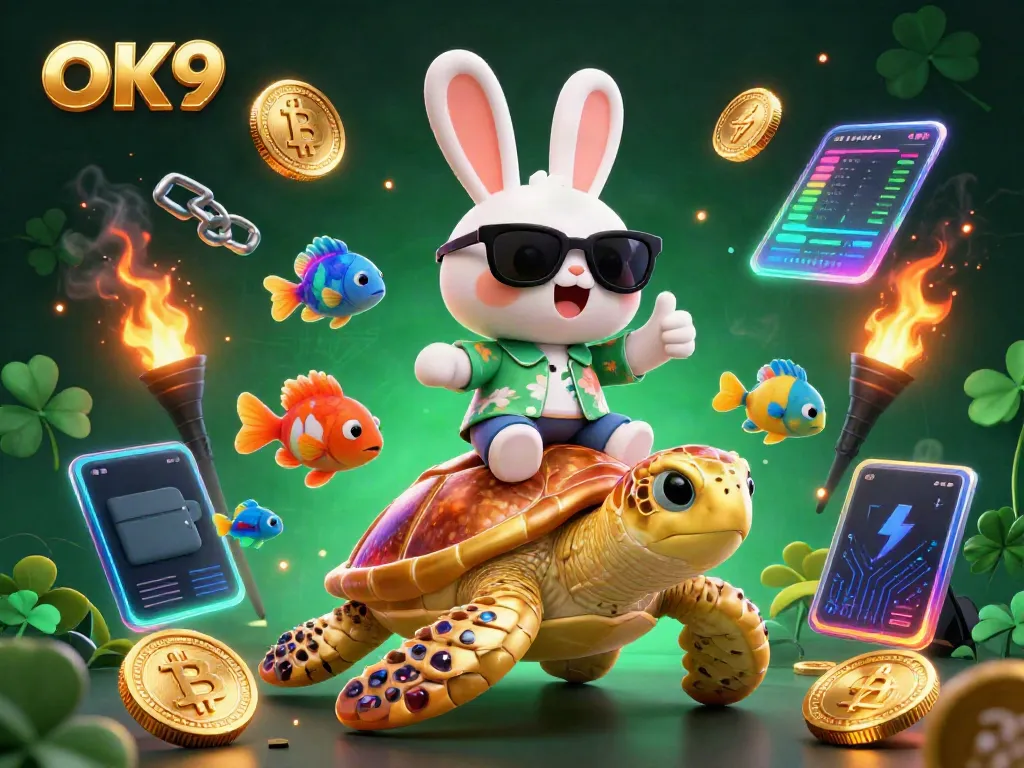 Experience the excitement of OK9 casino with a vibrant illustration of a lucky rabbit and golden turtle, embodying fun and winnings!