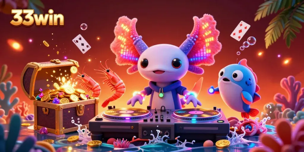 Engage with the vibrant 33win underwater casino scene showcasing a neon axolotl DJ and dancing shrimp.