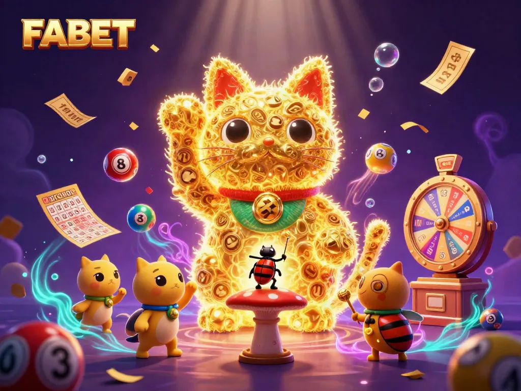Celebrate wins at FABET with an energetic scene of a lucky cat and casino symbols amidst a vibrant backdrop.