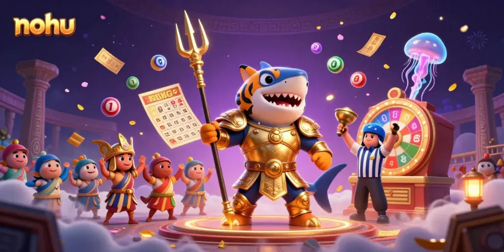 Engage with the vibrant nohu underwater casino scene featuring a tiger shark in gladiator armor and dynamic gaming elements.