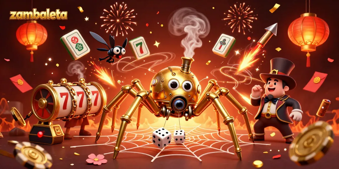 Zambaleta casino scene with a steampunk spider and lucky symbols, perfect for gamers.