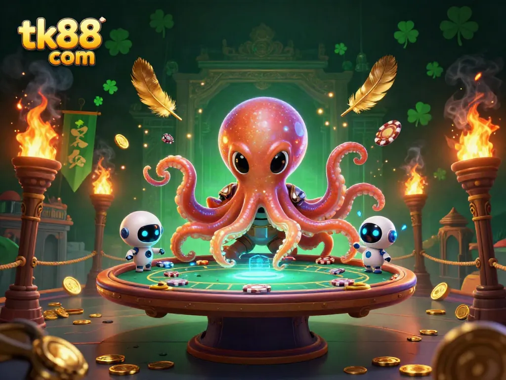 Engage in thrilling games with tk88 com as an alien octopus showcases a holographic poker table in an enchanting casino scene.