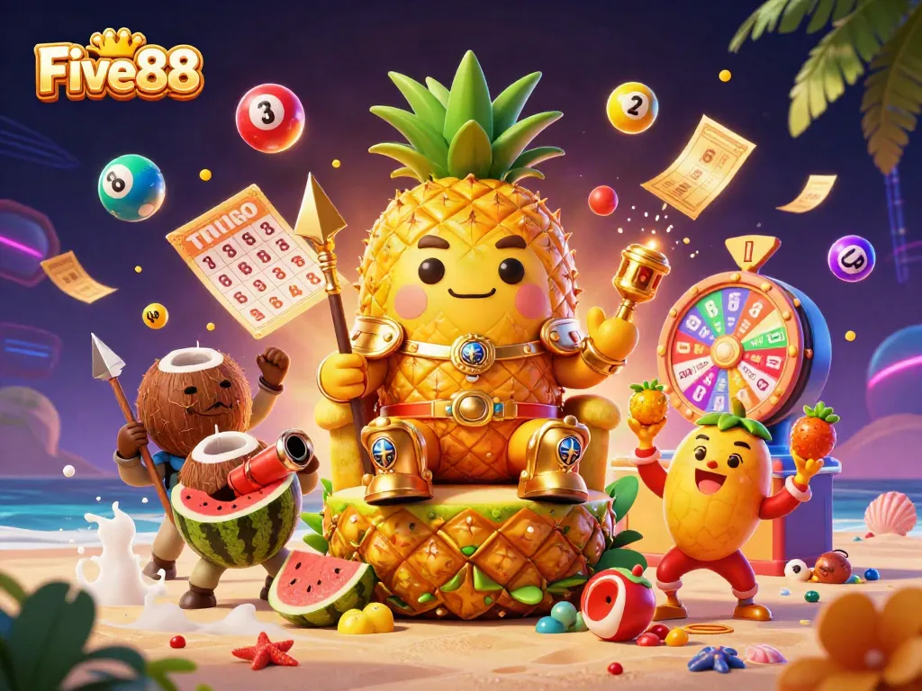 Engage in thrilling gameplay at Five88 with vibrant lottery balls and energetic casino characters.