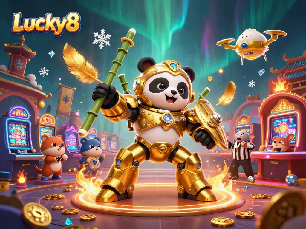 Experience the thrill of Lucky8 in a vibrant casino scene filled with golden coins and arcade excitement.