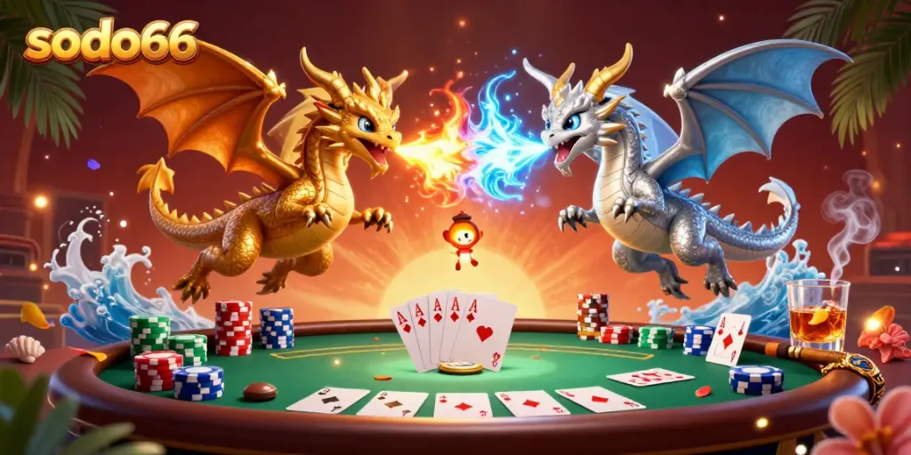 Engage with sodo66 at a dynamic casino with gold and silver dragons and a poker scene