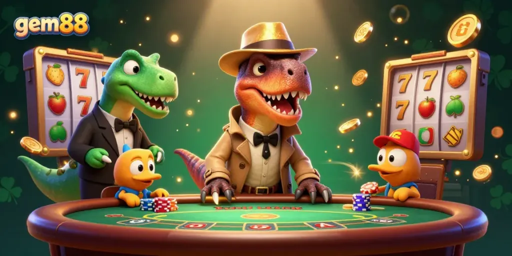 Experience exciting gambling action at gem88 with a dynamic scene featuring a cartoon velociraptor card counter and slot game elements.
