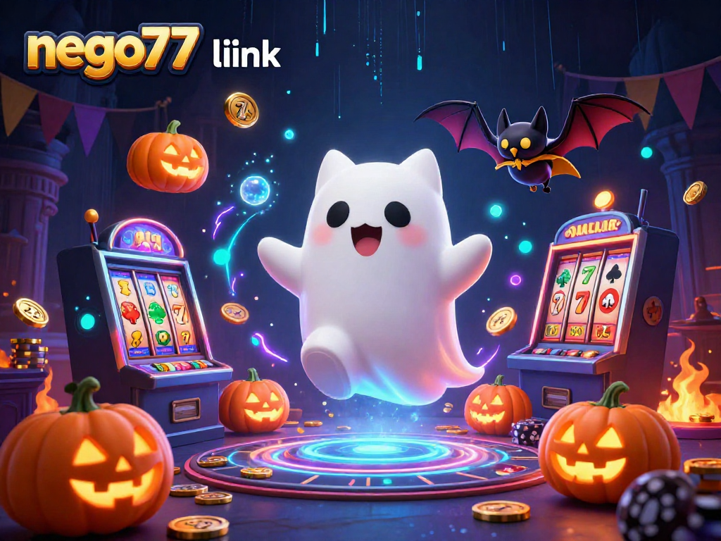 Engage with the exciting nego77 link at a haunted casino with flashy ghost cat and gambling symbols.