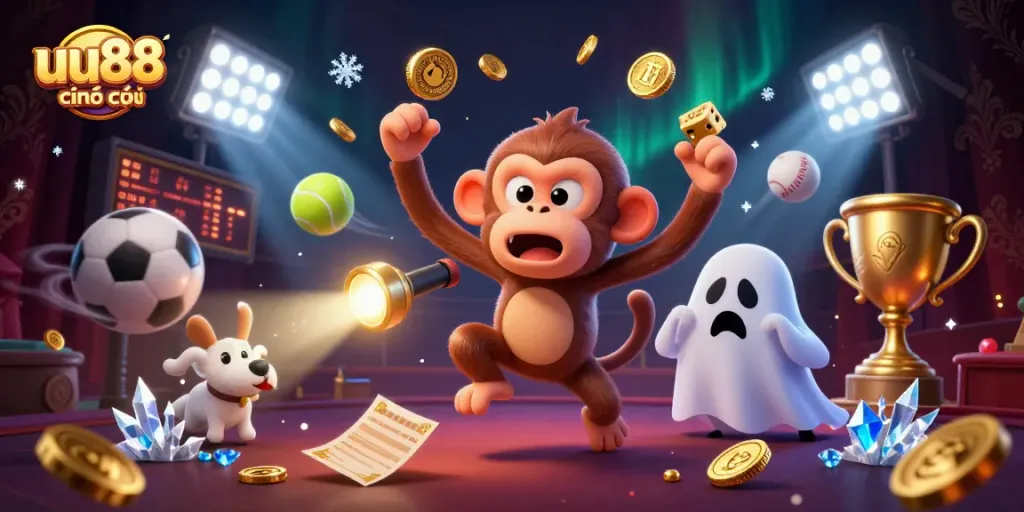 uu88 chính thức showcasing an energetic casino scene with playful elements and vibrant sports themes.