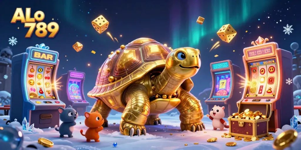 Engaging scene of ALo 789's colossal golden tortoise pinball machine, featuring dynamic gaming elements celebrating online gambling.