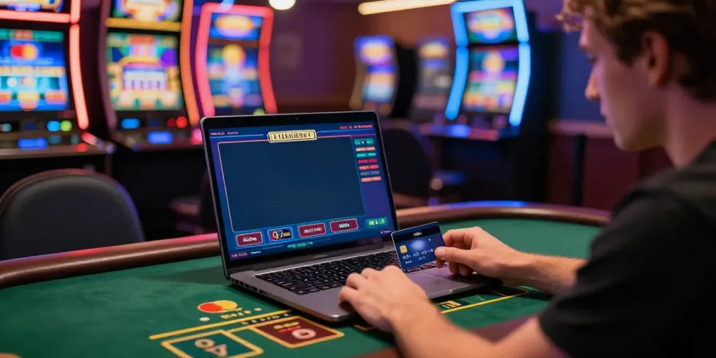 Engaged player using a credit card at Mastercard casinos for online gaming.