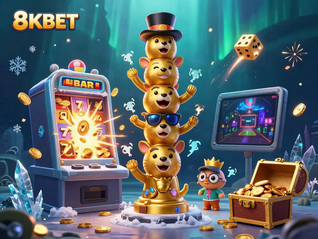Experience the excitement of 8KBET with vibrant casino imagery, showcasing slots, golden coins, and animated totems.