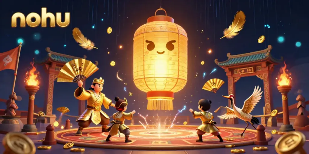 Nohu casino illustration depicting a golden lantern spirit above vibrant gaming elements, emphasizing luck and excitement.