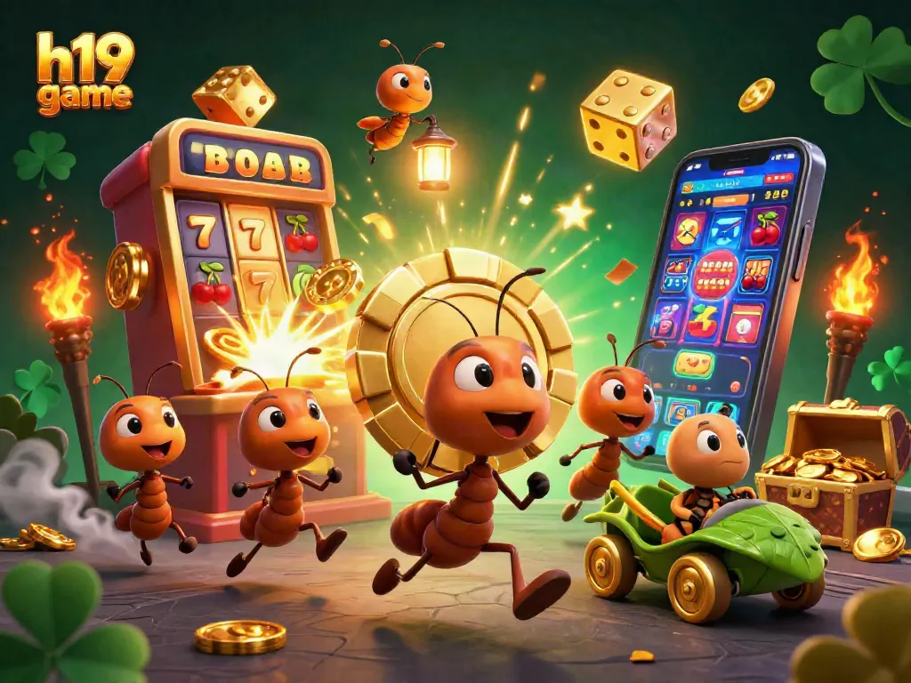 Experience the excitement of the h19 game with a dynamic heist scene featuring cartoon ants and golden poker chips.