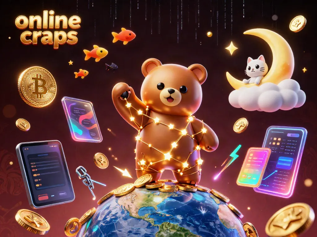 Experience online craps with a vibrant 3D illustration featuring a constellation bear scooping coins amidst crypto elements.