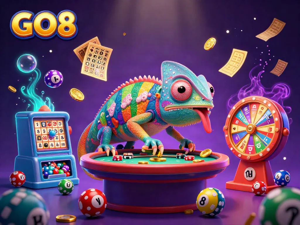 Experience exciting gameplay with GO8 featuring a chameleon casino owner interacting with vibrant casino elements.