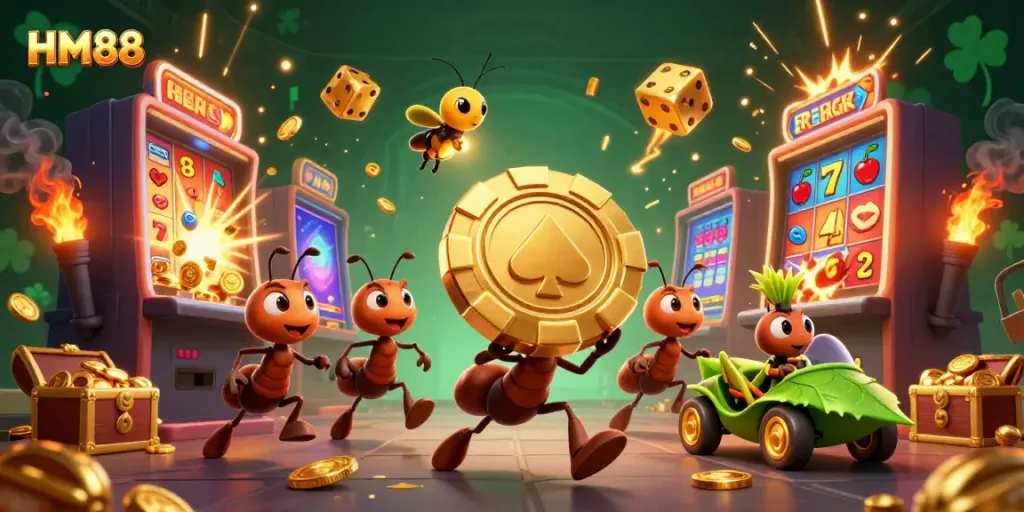 Experience the excitement of gambling at HM88 with ants running a heist carrying a giant poker chip amidst vibrant casino symbols.