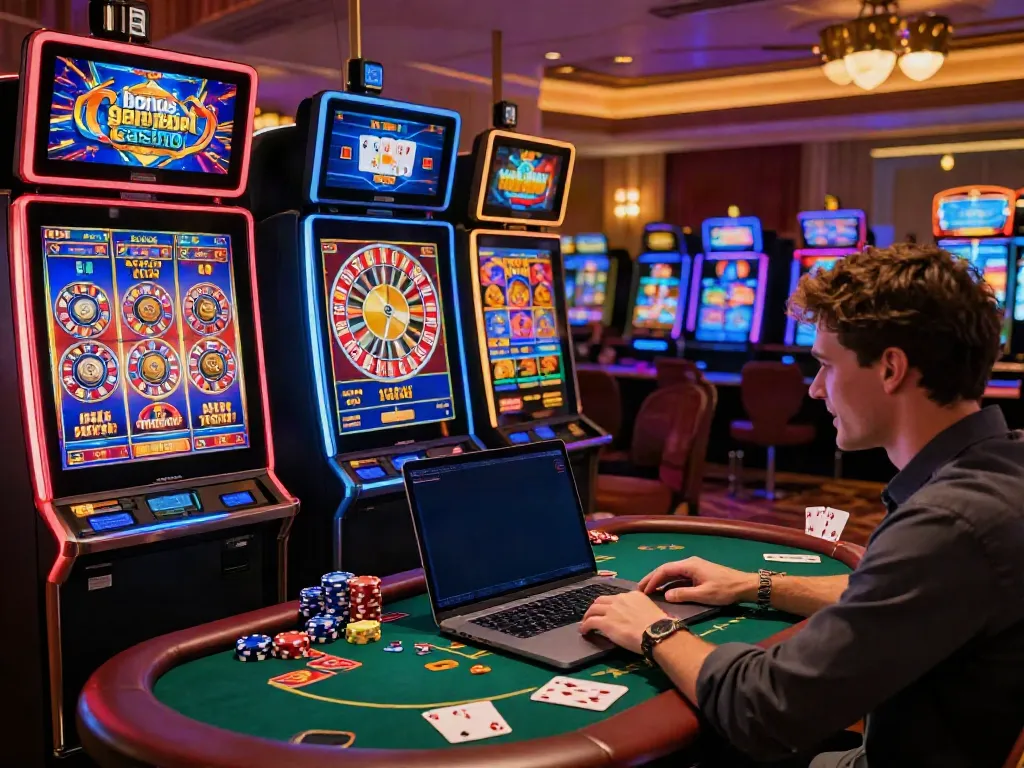 Exciting online casino scene displaying bonus sans dépôt casino offers on a gaming interface with vibrant slots and tables.