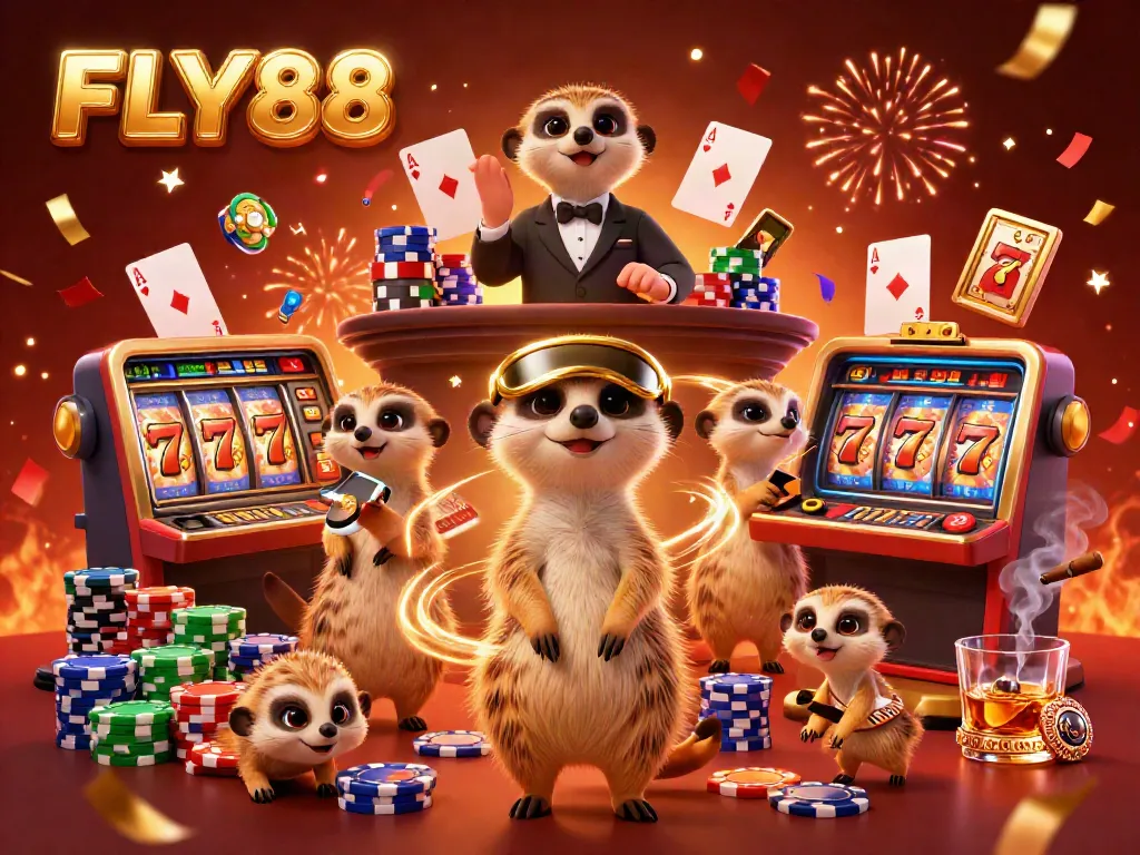 FLY88 meerkats run a lively casino scene with vibrant slot and gaming elements.