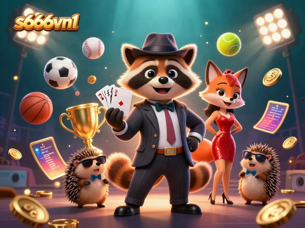 Experience thrilling games with s666vn1 in a vibrant casino setting featuring cartoon characters.