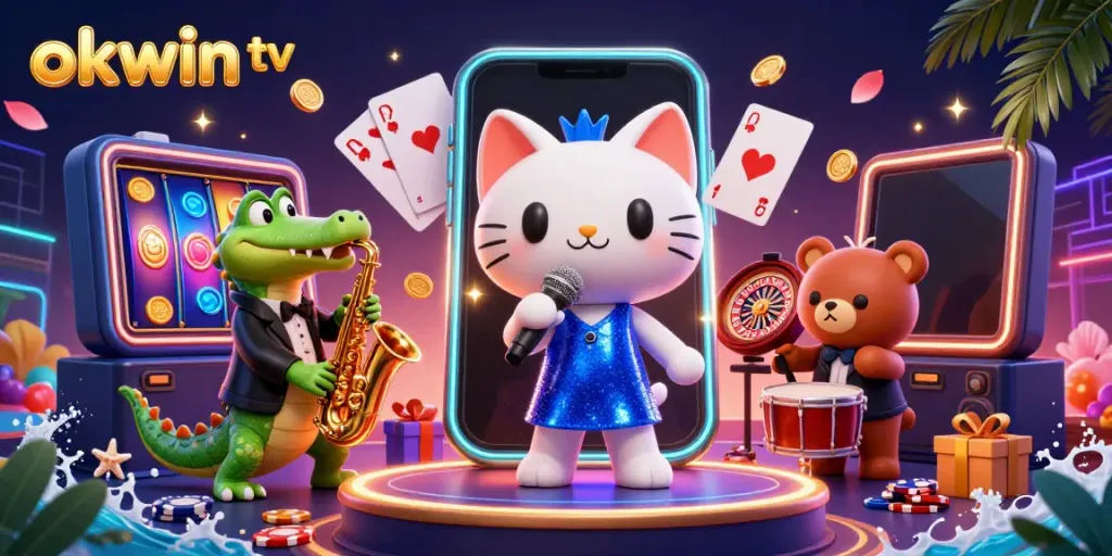 Experience the vibrant excitement of okwin tv with a jazzy casino scene featuring unique characters and dynamic game elements.