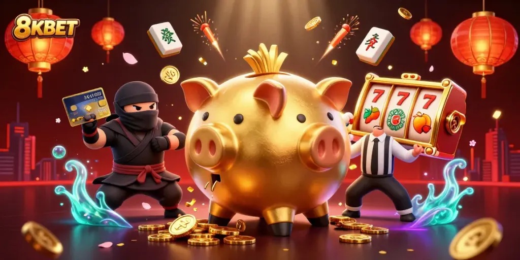 Experience exciting games like slot machines at 8KBET with animated characters and festive elements.