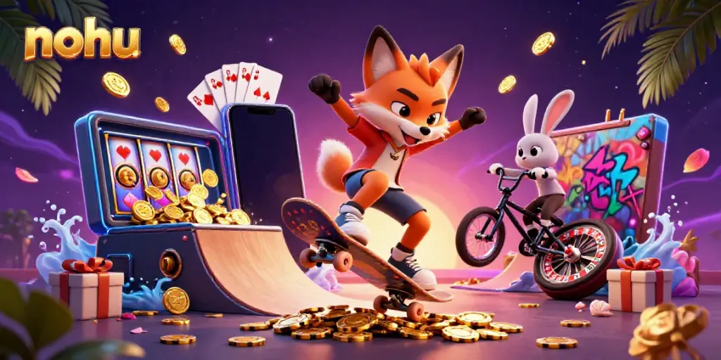 Nohu casino scene featuring a skateboarder fox and BMX rabbit amidst vibrant gambling elements.