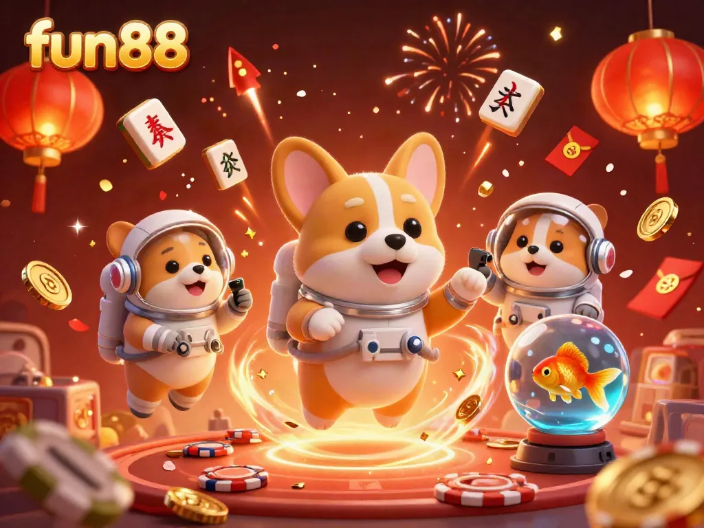Experience fun88 thrills with a playful space casino scene featuring an astronaut corgi and golden elements.