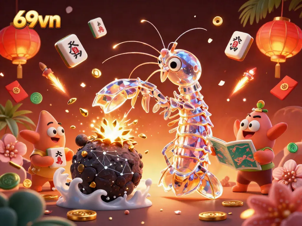 Experience a thrilling casino adventure with 69vn's vibrant, dynamic scene featuring a vibrant galactic mantis shrimp!