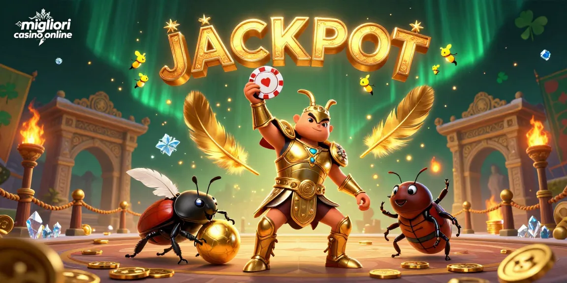 Scopri i migliori casino online mentre un scarabeo erculeo festeggia con un chip da poker e un compagno.