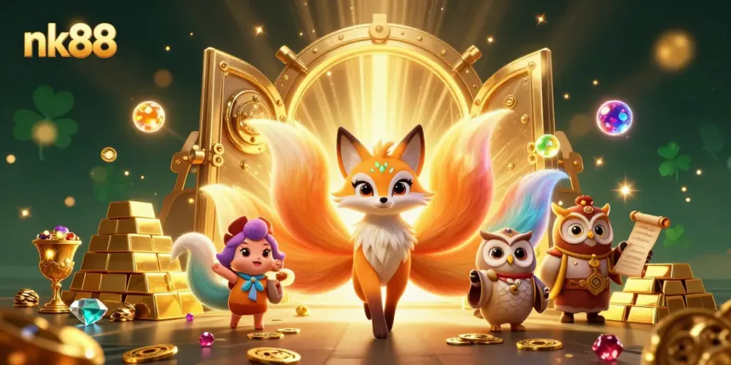 Experience thrilling wins with nk88 in a captivating casino scene featuring vibrant characters and treasures.