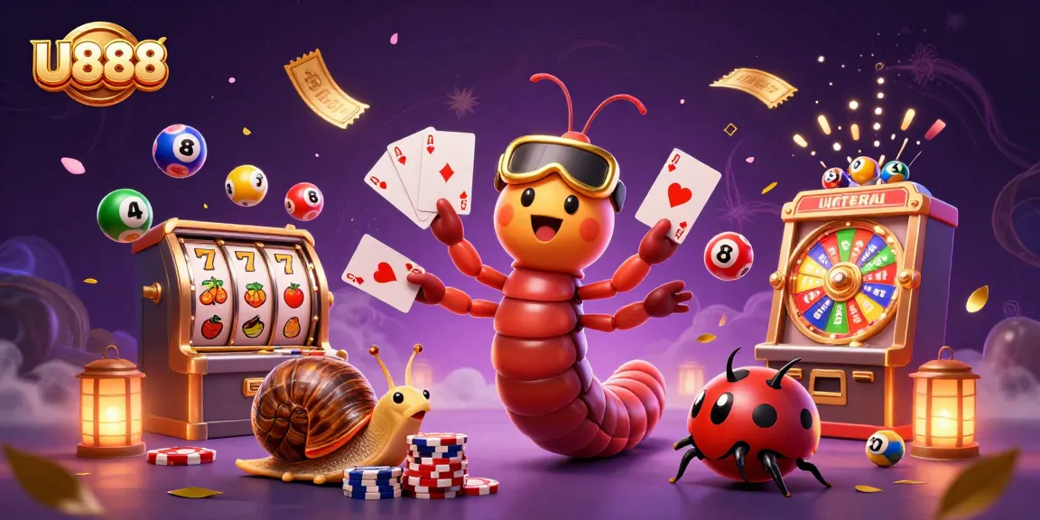 Experience the lively U888 casino scene with a millipede dealer and vibrant slot symbols!