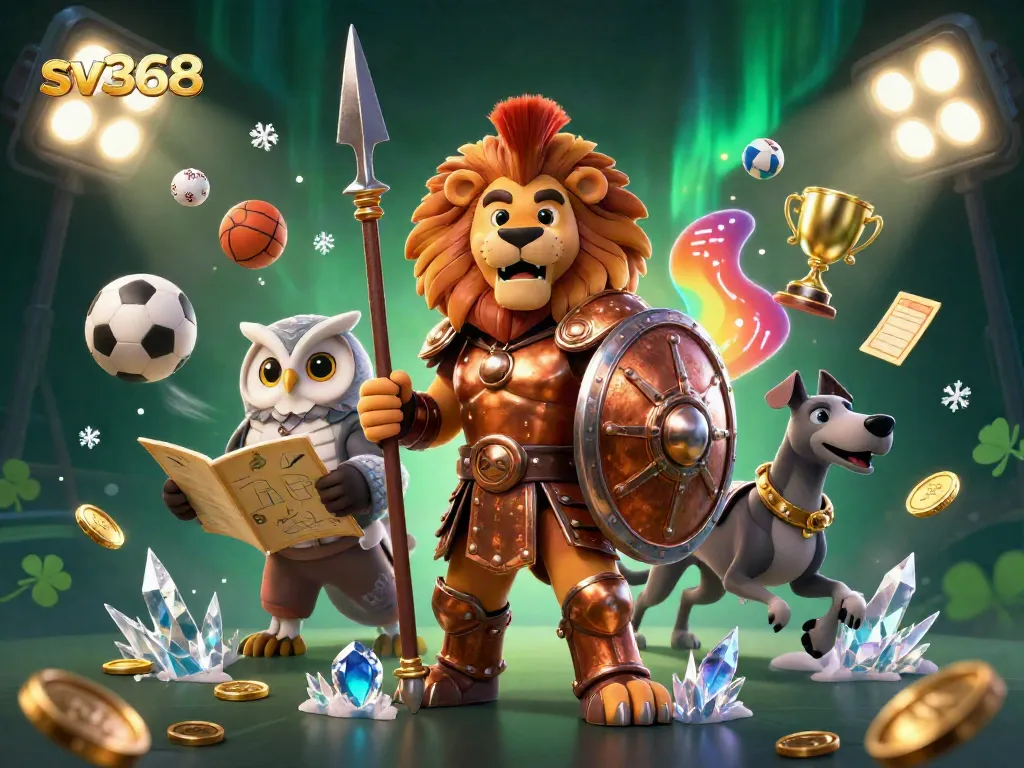 Engage in dynamic gaming action with sv368, featuring a Spartan lion and strategic owl amidst vibrant sports elements.