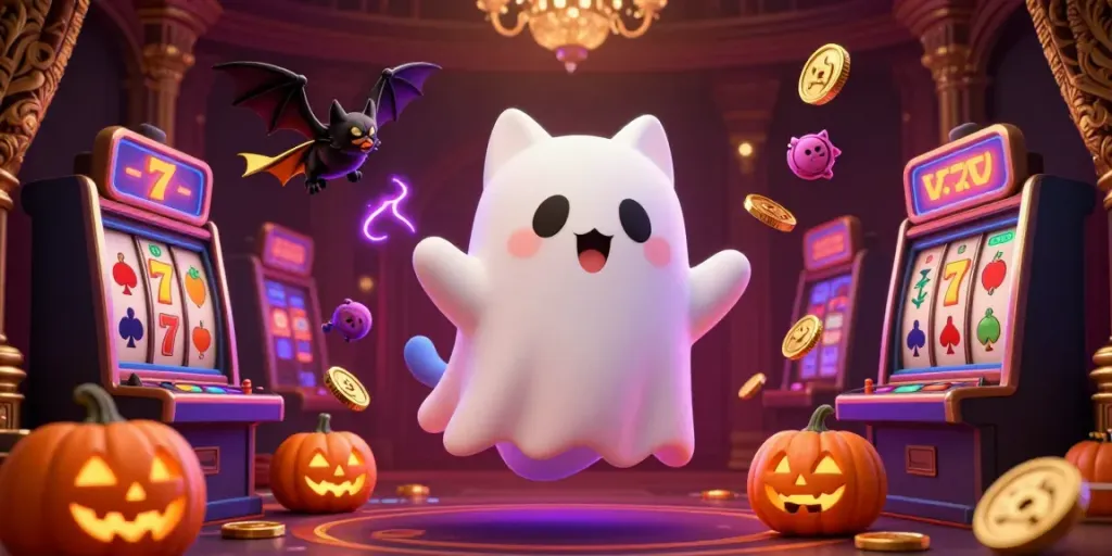 Engage with Go8's vibrant gaming scene featuring a friendly ghost cat in a haunted casino.