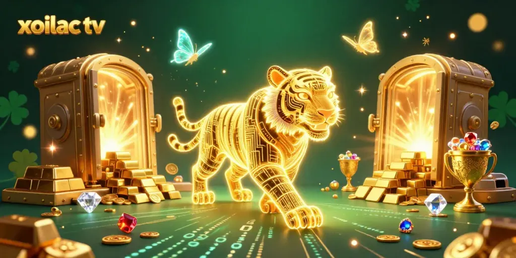 Experience thrilling gameplay with xoilac tv as a luminous golden tiger explores a vibrant digital casino filled with treasures.