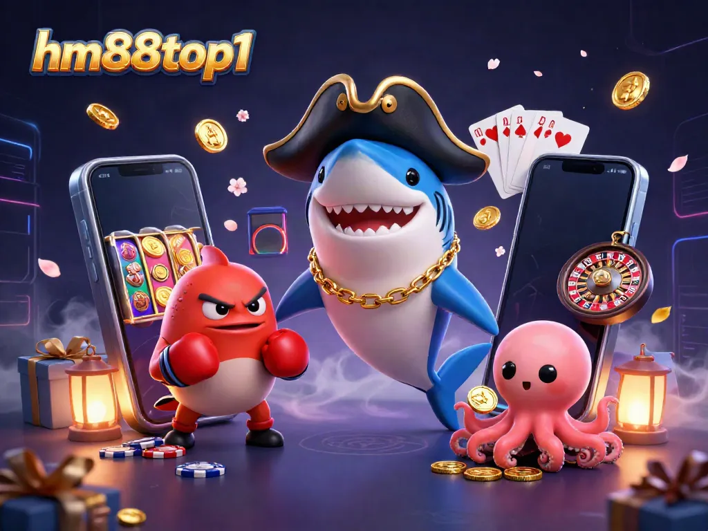 Experience thrilling gameplay with characters in the lively world of hm88top1, featuring a shark, pufferfish, and octopus.