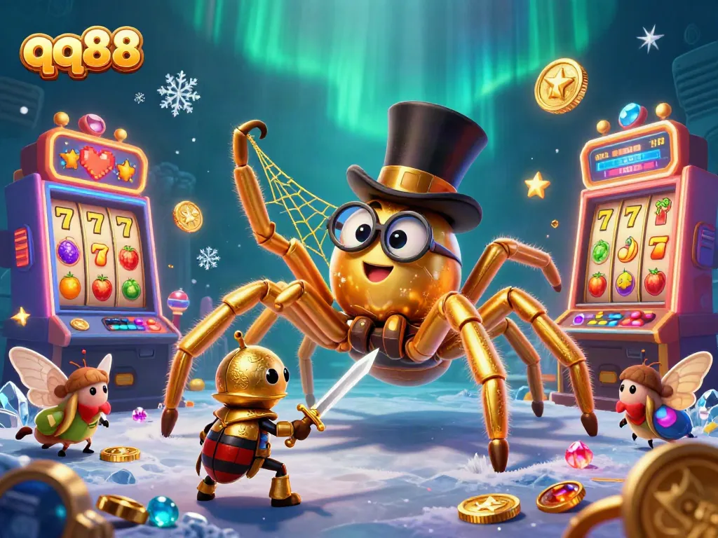 Experience thrilling slots at qq88 with vibrant symbols and an engaging scene of casino characters.