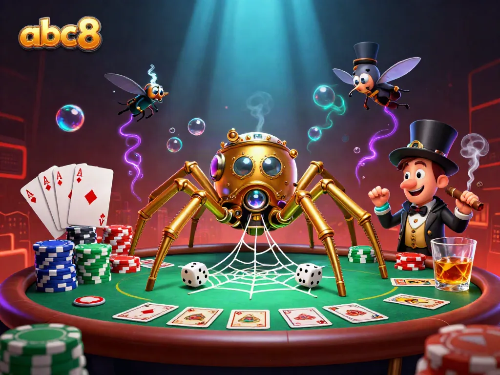 Engage with abc8 as a golden steampunk spider captures dice in a vibrant casino scene.