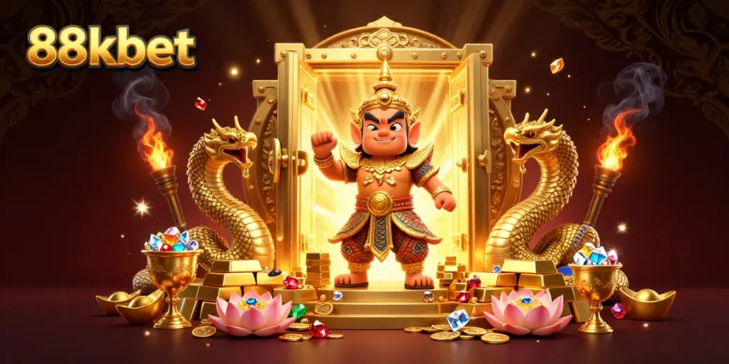 Experience the thrill of 88kbet with vibrant treasures and guardians in a rich casino scene.