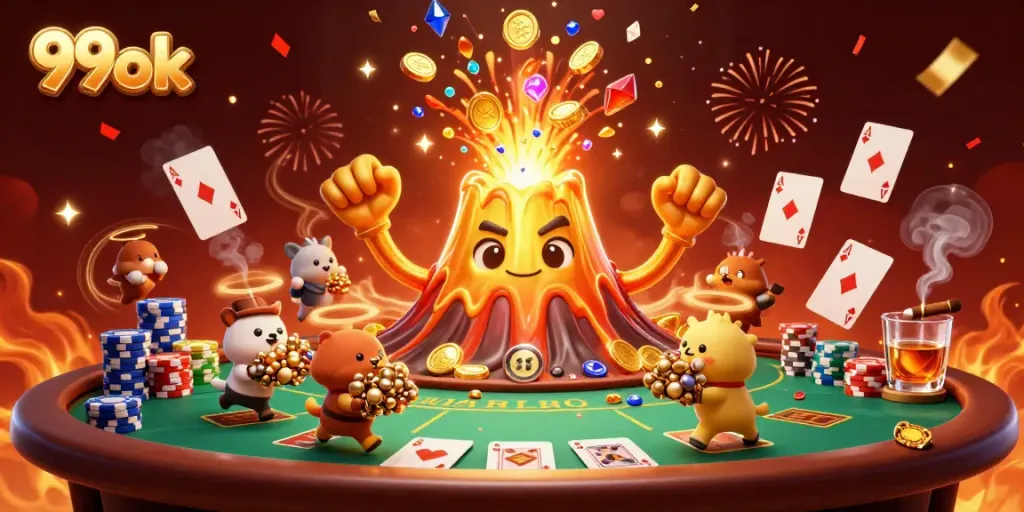 Experience thrilling wins at 99ok with a dynamic scene of a gold volcano erupting coins, surrounded by poker elements.