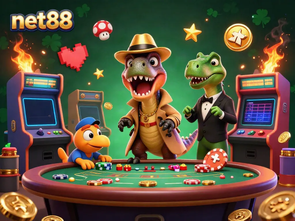 Experience thrilling gameplay at net88 with cartoon velociraptor and stegosaurus interacting at a blackjack table.