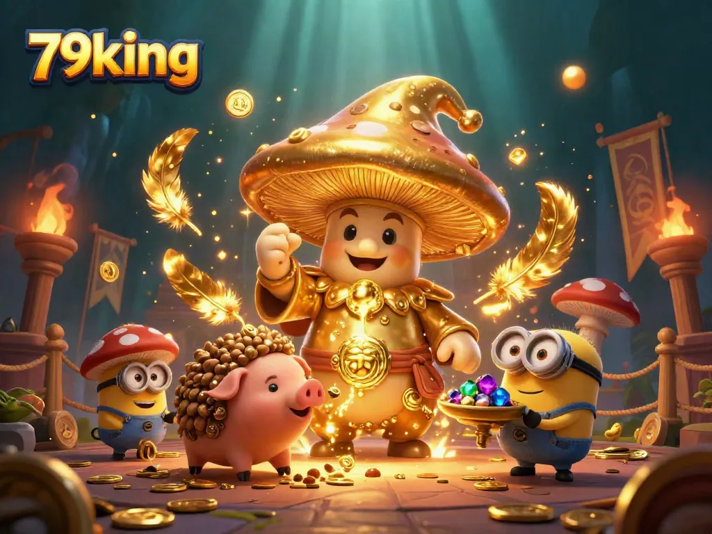 Experience the thrill of slots at 79king with a golden wizard and treasure-hunting pig in a vibrant digital casino.