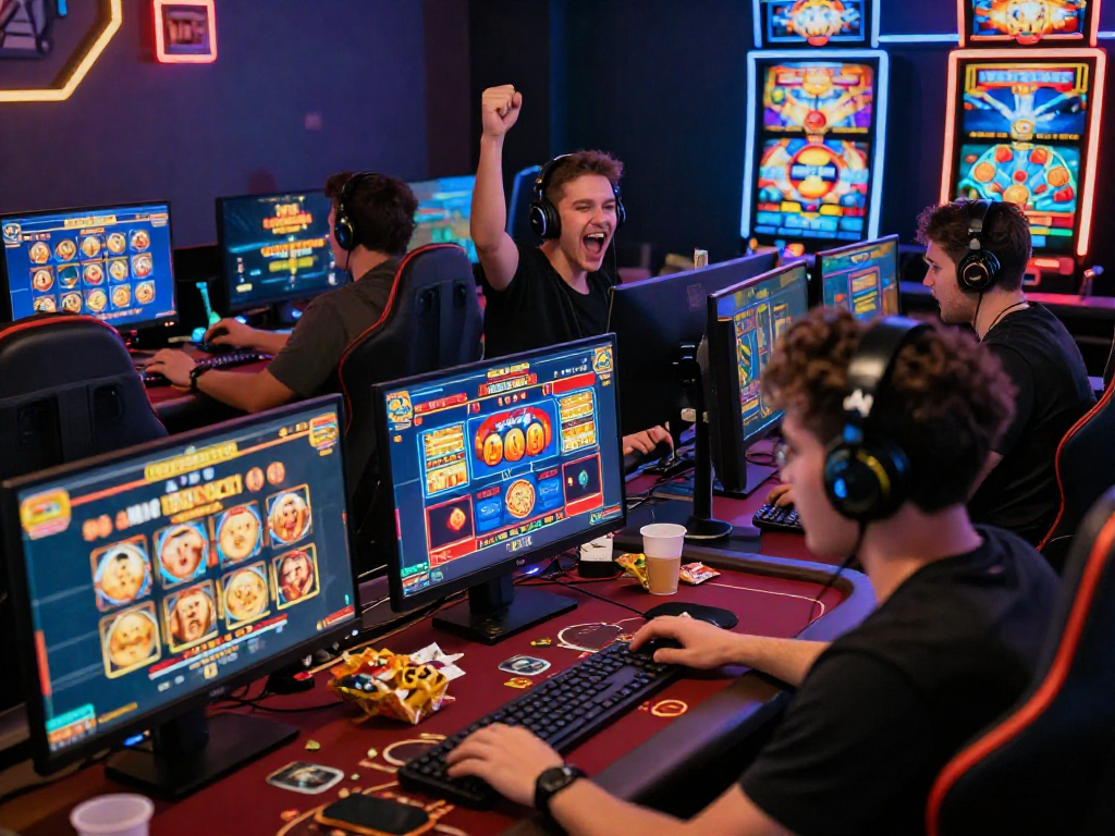 Giocatore entusiasta nei migliori casino online, associato al divertimento del gioco e vincite sorprendenti.