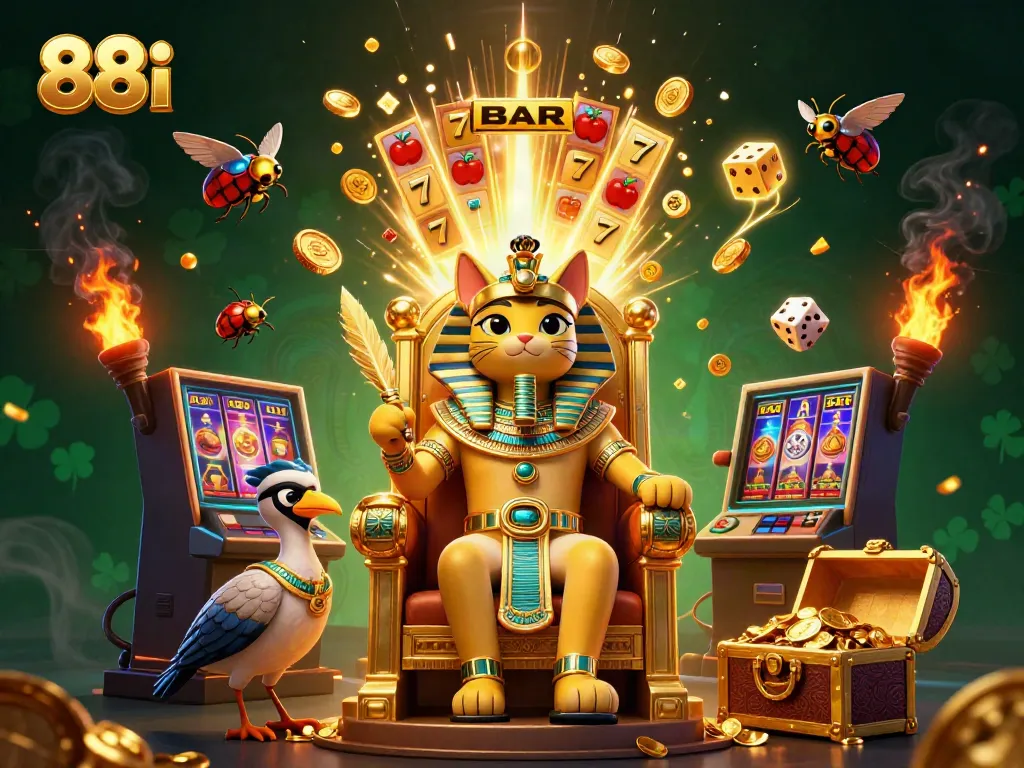 Experience thrilling gameplay at 88i with a vibrant illustration of Egyptian-themed slots and characters.