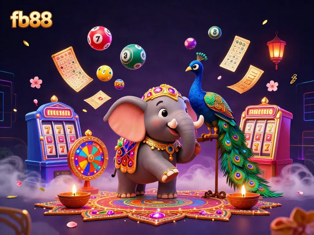 Engage with fb88's vibrant 3D illustration showcasing a Diwali-themed elephant and interactive casino elements.