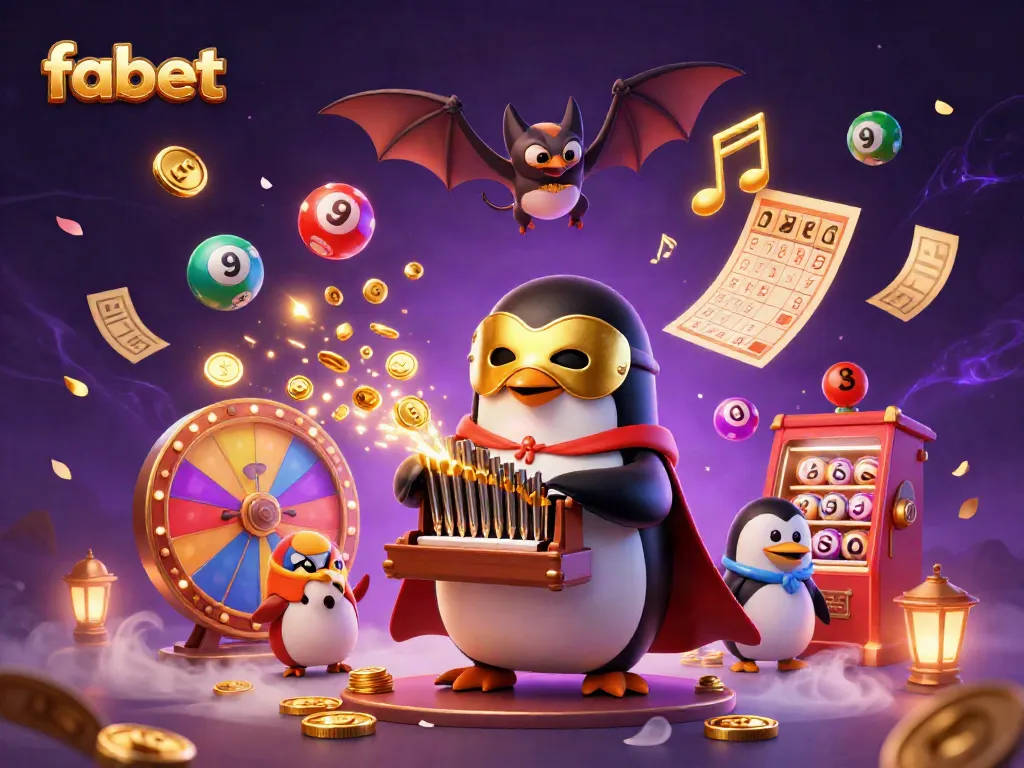 Experience the excitement of fabet with a dynamic scene featuring a penguin playing an organ surrounded by lottery elements.