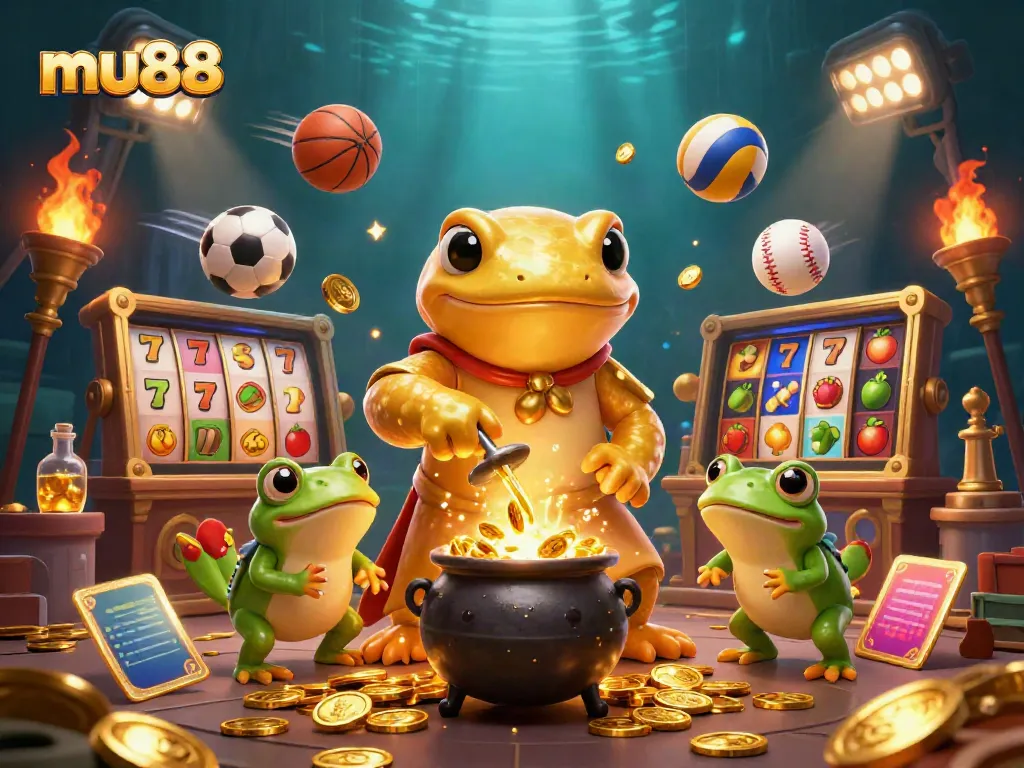 Experience the magic of mu88 with a golden salamander alchemist creating riches in this vibrant 3D casino scene.