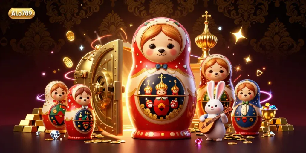 Experience the vibrant world of ALo789 with a bear revealing miniature casino dealers and treasures in this festive illustration.