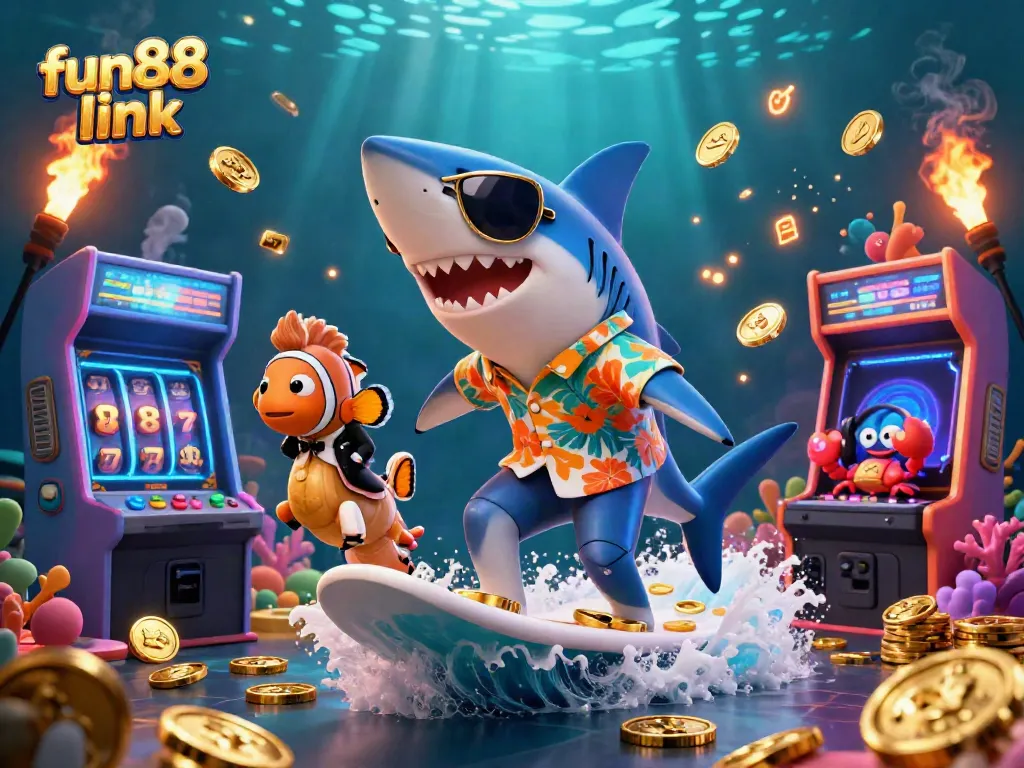 Engage in thrilling gaming action with fun88 link featuring vibrant beach-themed characters amidst gold coins.