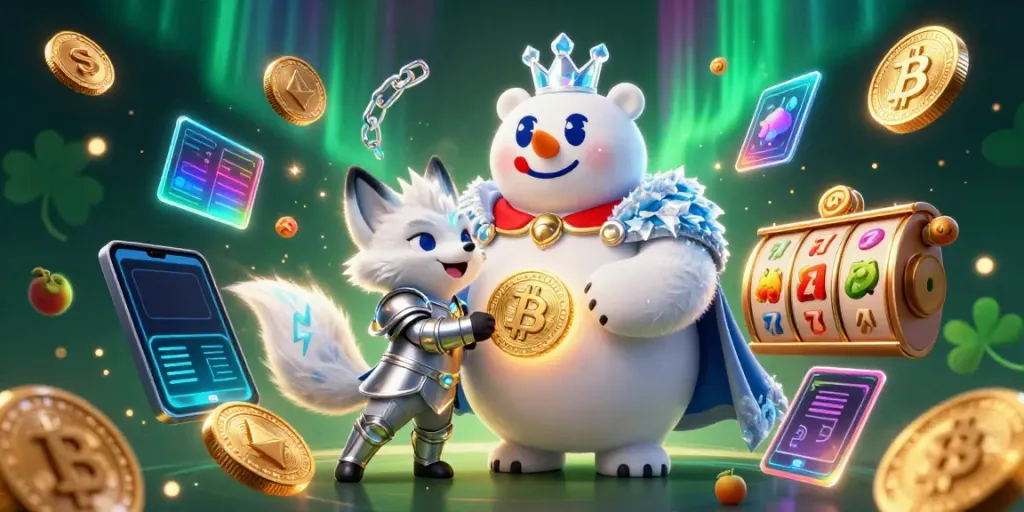 Engage in exciting S8 casino gameplay with a cartoon ice king and snow fox amidst vibrant slot symbols.