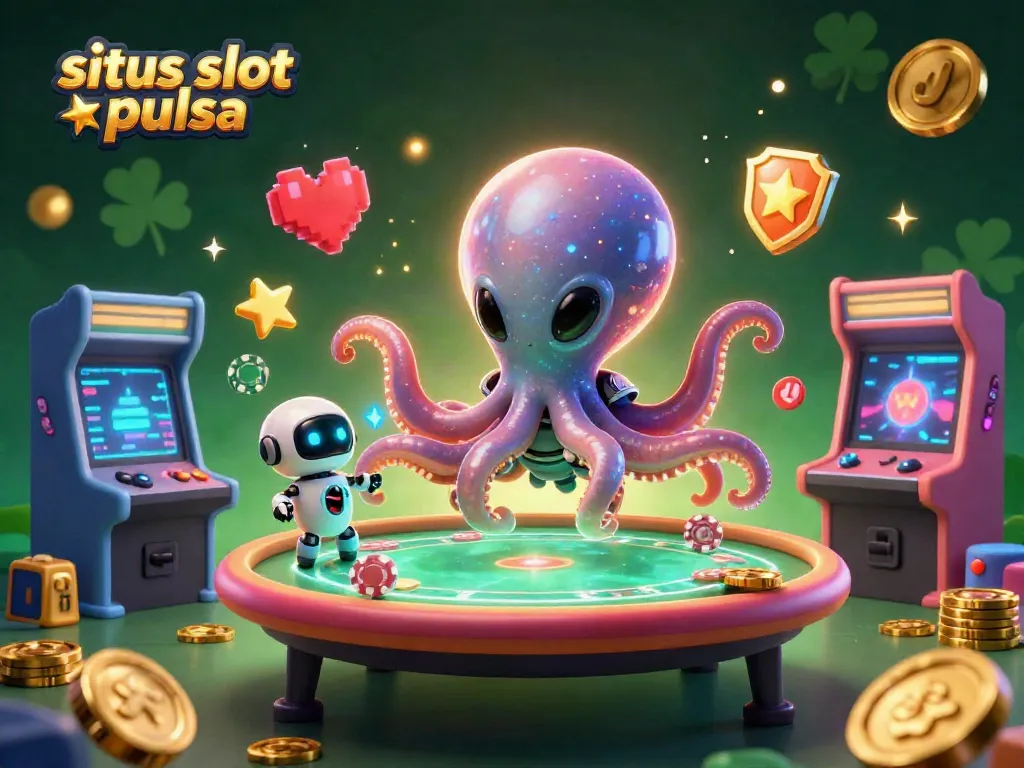 Play thrilling games at situs slot pulsa, where cosmic octopuses and fun robots meet in a vibrant 3D casino setting.